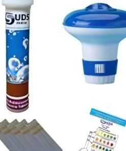 SUDS-ONLINE Small Dispenser with 10 Multifunctional Chlorine Tablets 20g + Test Strips