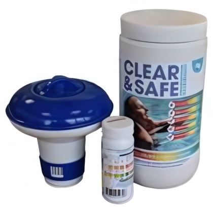 Clear & Safe 50x20g Chlorine Tablets Pool Hot Tub Spa + Dispenser + Testing strips