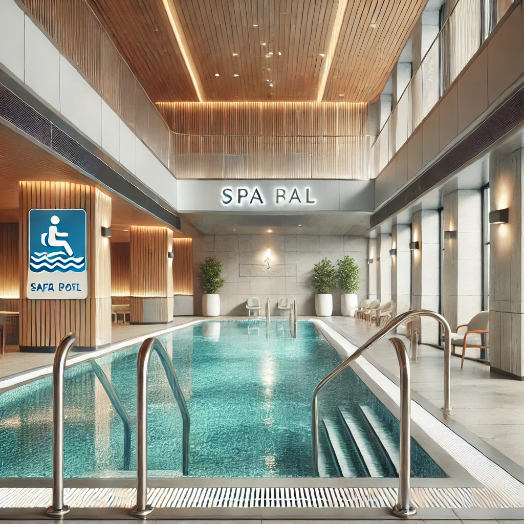 DALL·E 2025-01-19 19.07.09 – A well-maintained spa pool with advanced safety features such as handrails and signage, set in a modern environment, perfect for a blog about safety a