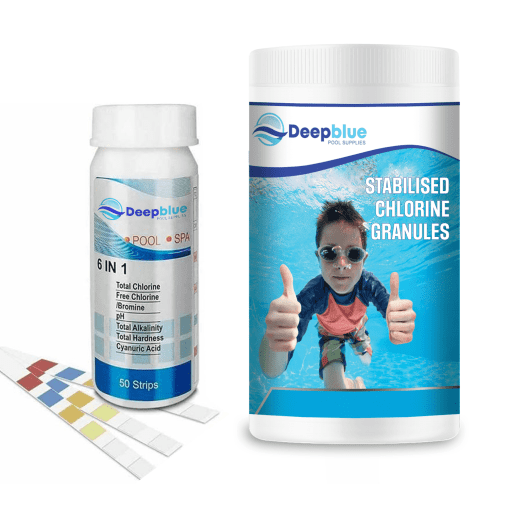 Deep Blue Professional - Stabilised Chlorine Granules 1kg Rapid dissolve Neutral PH With Testing strips