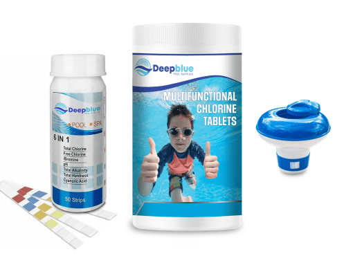Deep Blue Pro - Multifunctional Mini 20g Chlorine Tablets 1kgWITH Floating dispenser and test strips. Stabilised clarifier algae inhibitor
